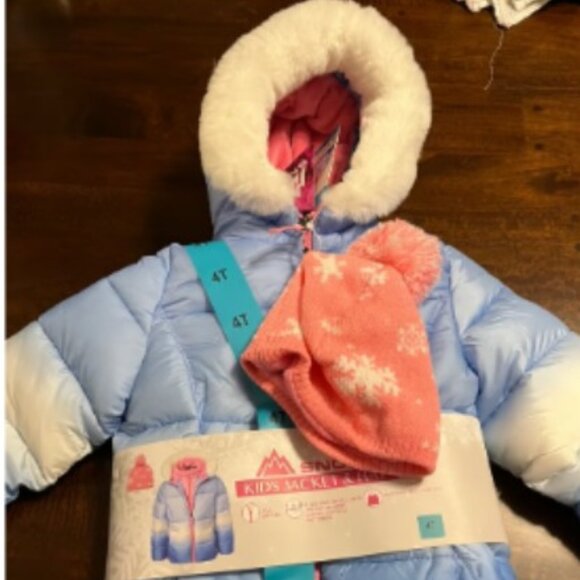 SNOZU WINTER COAT WITH MATCHING HAT. BLUE PINK WHITE. SIZE 4T - Picture 1 of 3